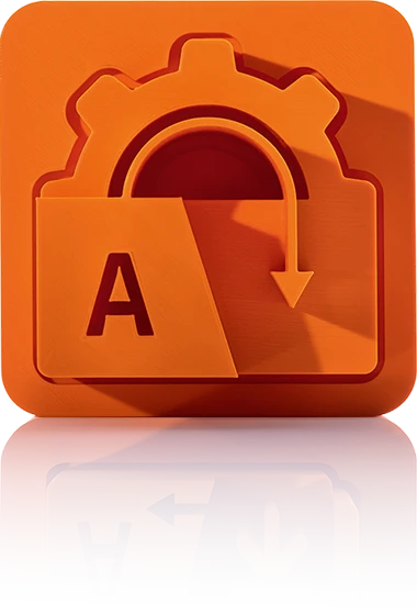 Le symbole est orange unicolore et représente une roue dentée dans laquelle une flèche s'enfonce de haut en bas. Au premier plan se trouve un grand « A ». Il est représenté dans un carré aux coins arrondis. Cette icône représente la gestion des traductions de crossbase.