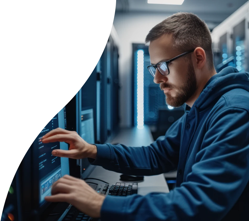 Un informaticien manipule un ordinateur portable dans une salle de serveurs