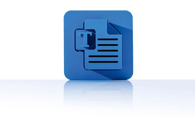 Le symbole se compose d'un carré entouré de coins arrondis de couleur bleue. On y trouve une page de document stylisée, également bleue, avec un « T » superposé pour « texte » dans un carré plus petit aux coins arrondis sur le côté gauche. Le symbole représente la gestion de texte de crossbase.