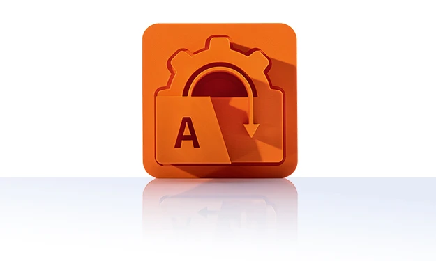Le symbole est orange unicolore et représente une roue dentée dans laquelle une flèche s'enfonce de haut en bas. Au premier plan se trouve un grand « A ». Il est représenté dans un carré aux coins arrondis. Cette icône représente la gestion des traductions de crossbase.
